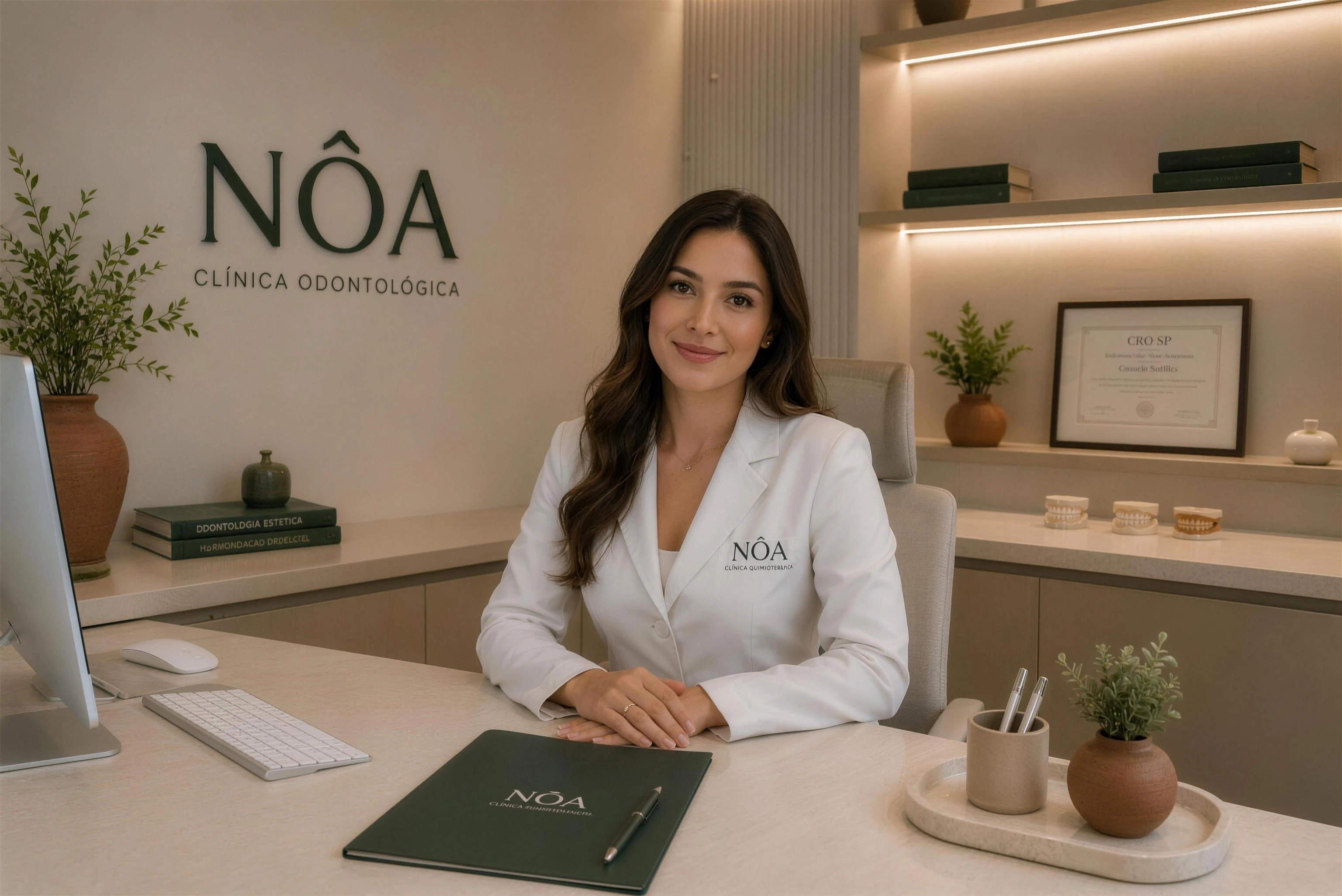 Dra. Helena Sartori, cirurgiã-dentista responsável pela NÔA, em sua mesa, com o letreiro da clínica na parede atrás