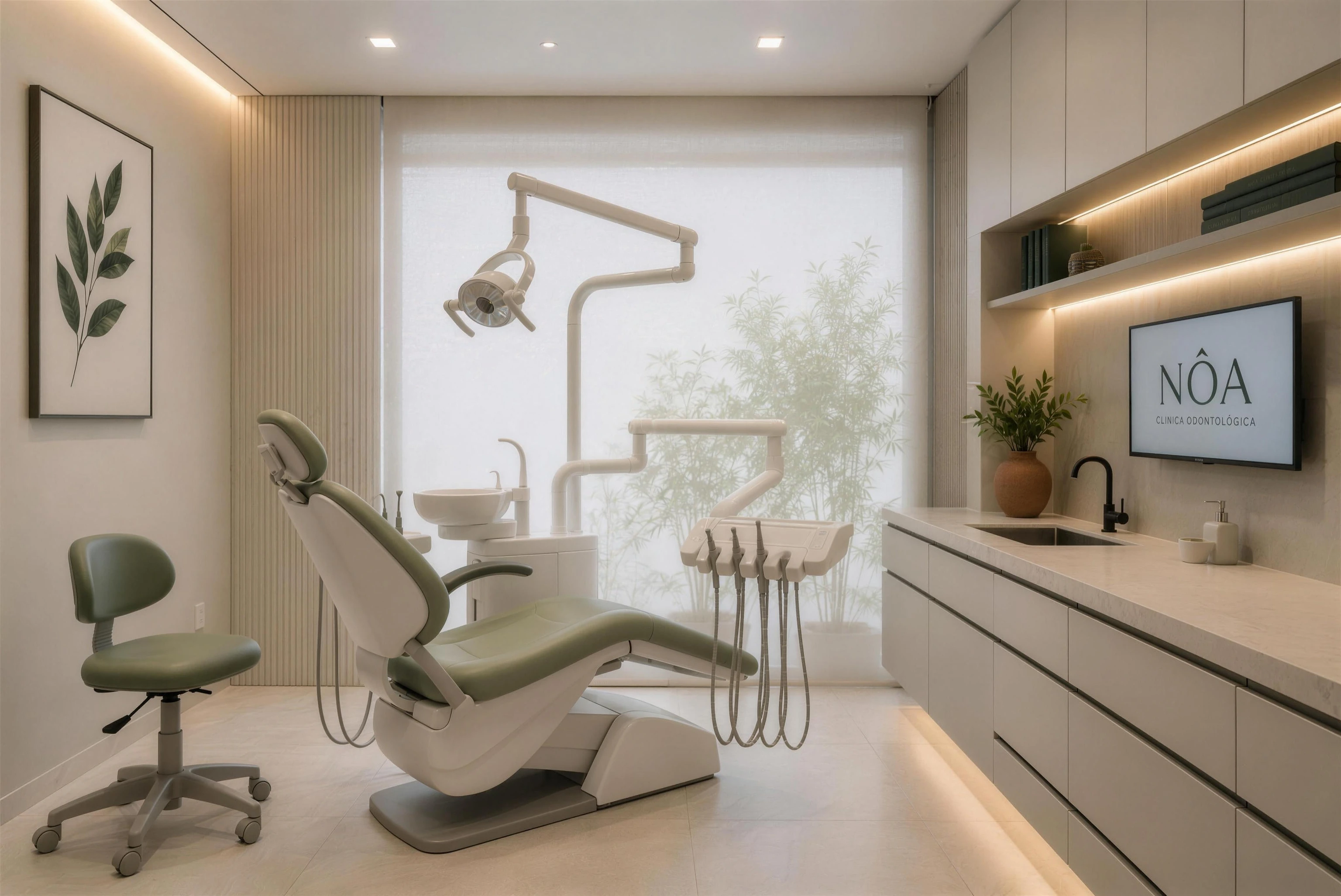 Sala de atendimento da NÔA: cadeira odontológica verde-oliva, marcenaria clara e luz natural filtrada